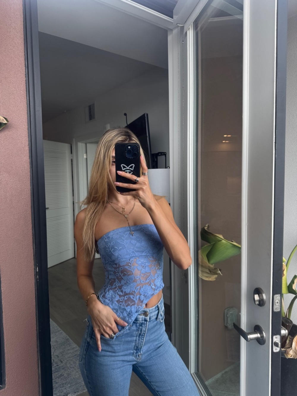 Lace Strapless Crop Top in Periwinkle Blue